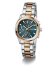 GUESS Ladies Birdie 2-Tone Analog Watch with a teal face on a white background