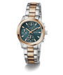 GUESS Ladies Birdie 2-Tone Analog Watch with a teal face on a white background