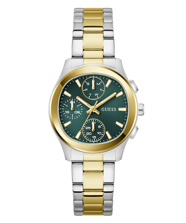 Two-tone GUESS Ladies Birdie 2-Tone Analog Watch with green face and gold accents on a white background