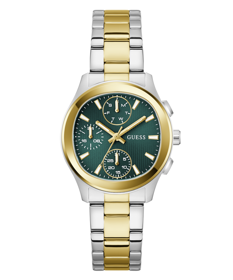 Two-tone GUESS Ladies Birdie 2-Tone Analog Watch with green face and gold accents on a white background