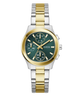 Two-tone GUESS Ladies Birdie 2-Tone Analog Watch with green face and gold accents on a white background