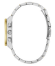 Close-up of a silver watch with a gold accent on a white background