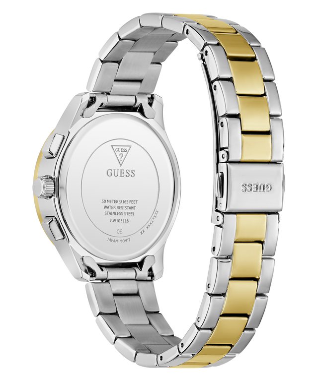 Two-tone silver and gold GUESS Ladies Birdie 2-Tone Analog Watch with visible brand logo on a white background