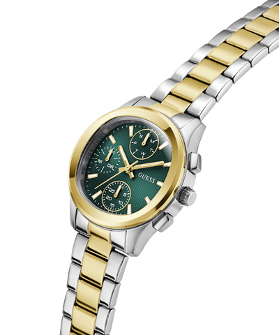 Two-tone gold and silver watch with a green dial on a white background lifestyle