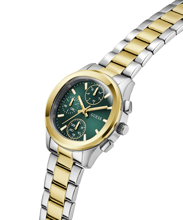 Two-tone gold and silver watch with a green dial on a white background lifestyle