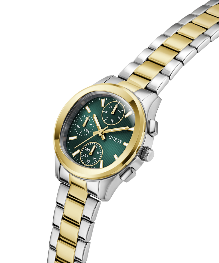Two-tone gold and silver watch with a green dial on a white background lifestyle