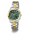 GUESS Ladies Birdie 2-Tone Analog Watch with green face on a white background