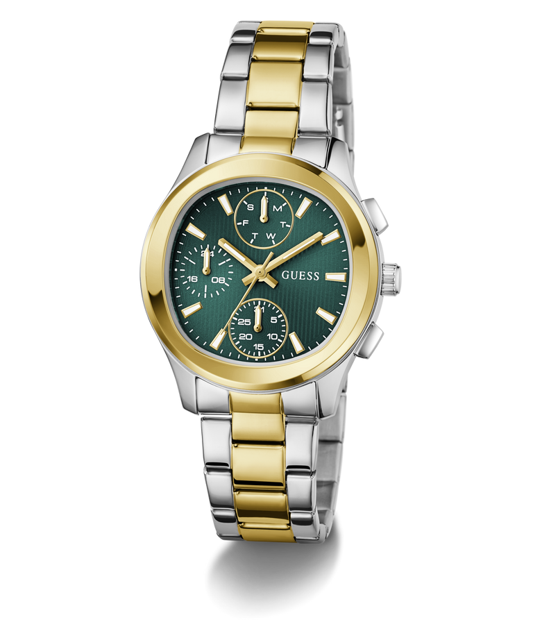 GUESS Ladies Birdie 2-Tone Analog Watch with green face on a white background