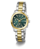 GUESS Ladies Birdie 2-Tone Analog Watch with green face on a white background