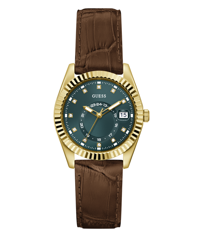 A Guess wristwatch with a gold-tone fluted bezel, dark green dial, and brown alligator-textured strap, shown against a plain white background.