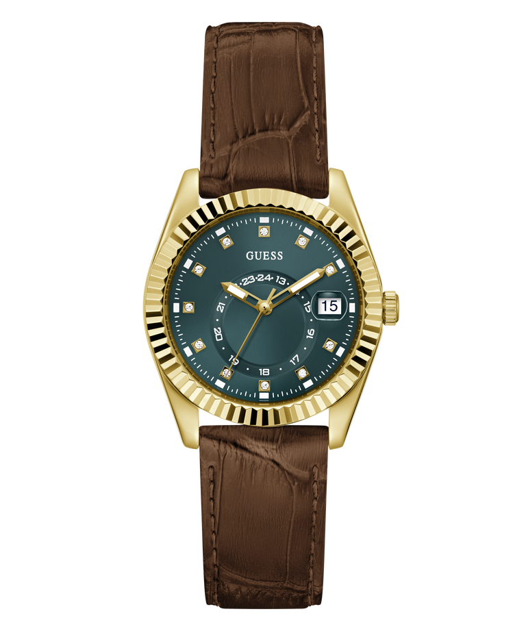 A Guess wristwatch with a gold-tone fluted bezel, dark green dial, and brown alligator-textured strap, shown against a plain white background.
