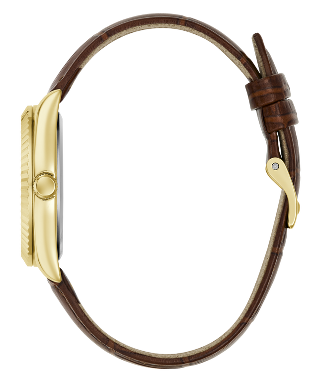 A close-up side view of a watch with a gold-tone case and a brown leather strap featuring a subtle textured pattern, set against a plain white background.