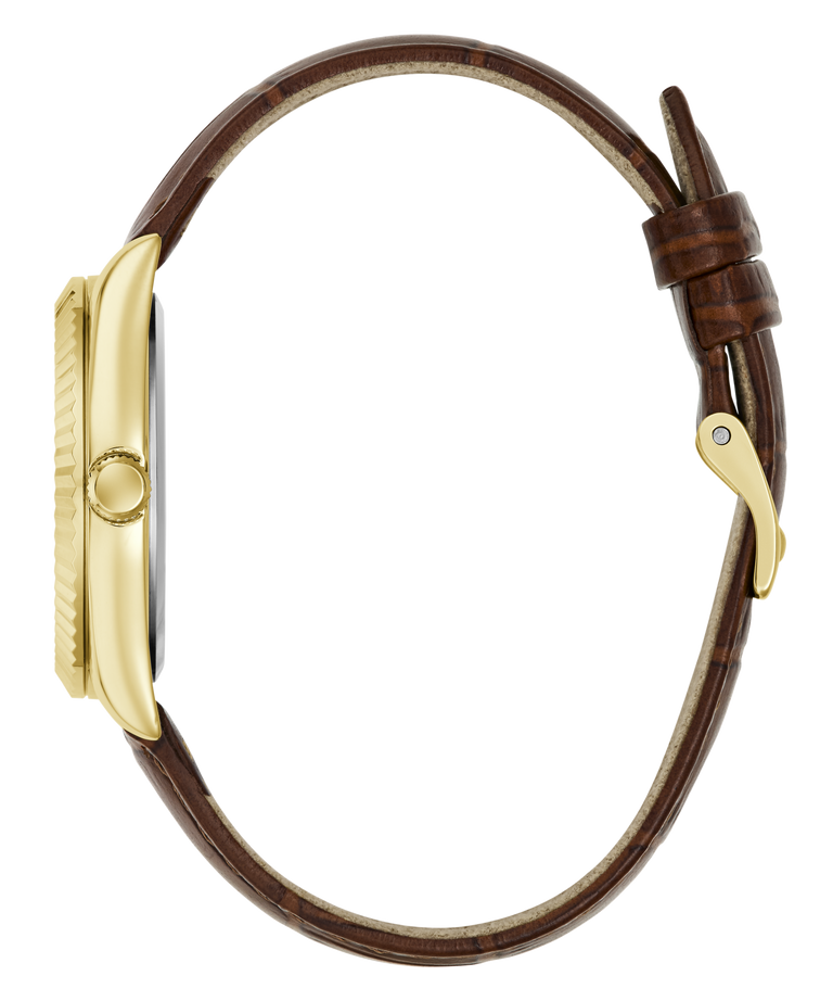 A close-up side view of a watch with a gold-tone case and a brown leather strap featuring a subtle textured pattern, set against a plain white background.