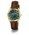 A GUESS wristwatch with a gold-tone case, a dark green dial, and a brown leather strap, shown on a clean white background.