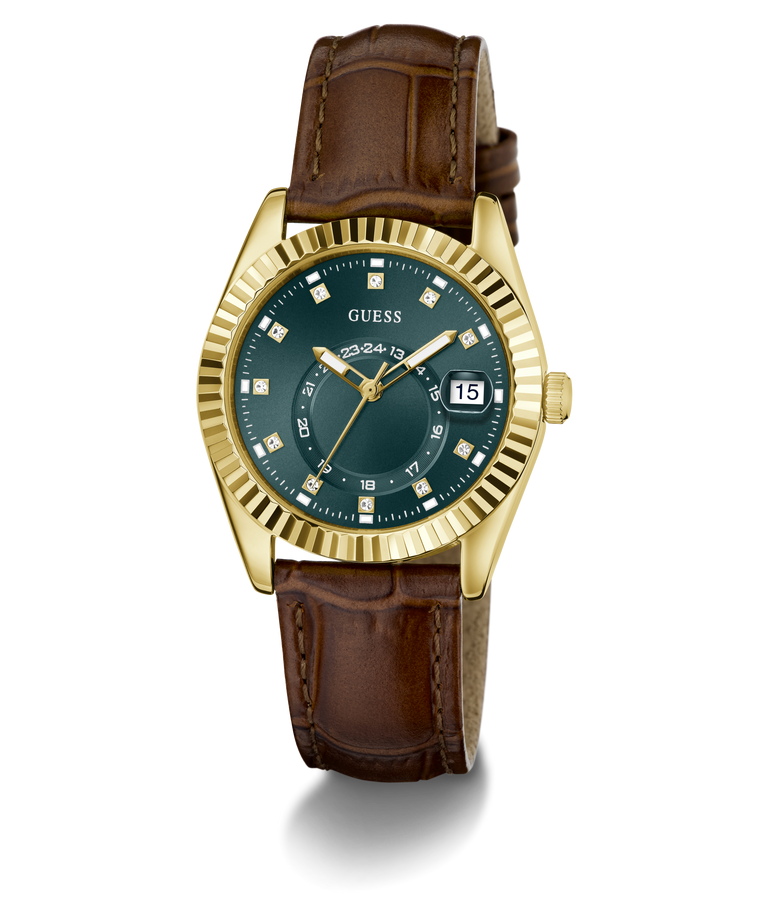 A GUESS wristwatch with a gold-tone case, a dark green dial, and a brown leather strap, shown on a clean white background.