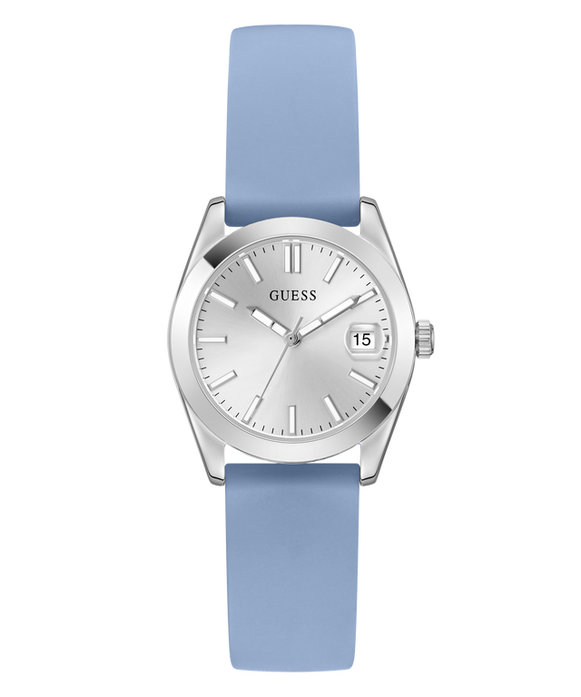 Guess watch with blue strap and silver case on a white background