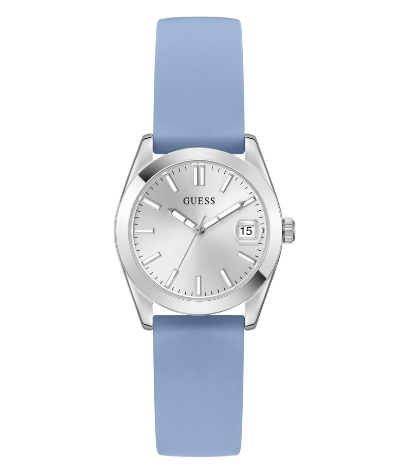 Guess watch with blue strap and silver case on a white background