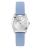 Guess watch with blue strap and silver case on a white background