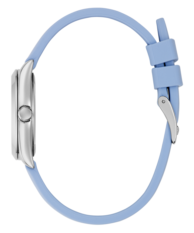 Light blue GUESS Ladies Blue Silver Tone Analog Watch strap with silver clasp on a clear background