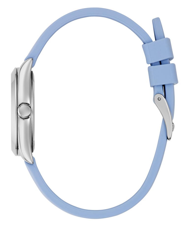 Light blue GUESS Ladies Blue Silver Tone Analog Watch strap with silver clasp on a clear background