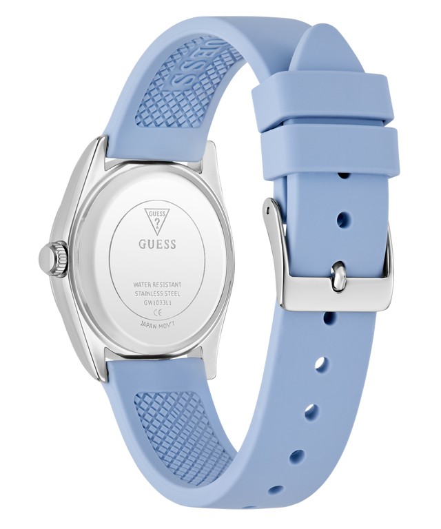 Blue GUESS Ladies Blue Silver Tone Analog Watch with a silver case on a white background