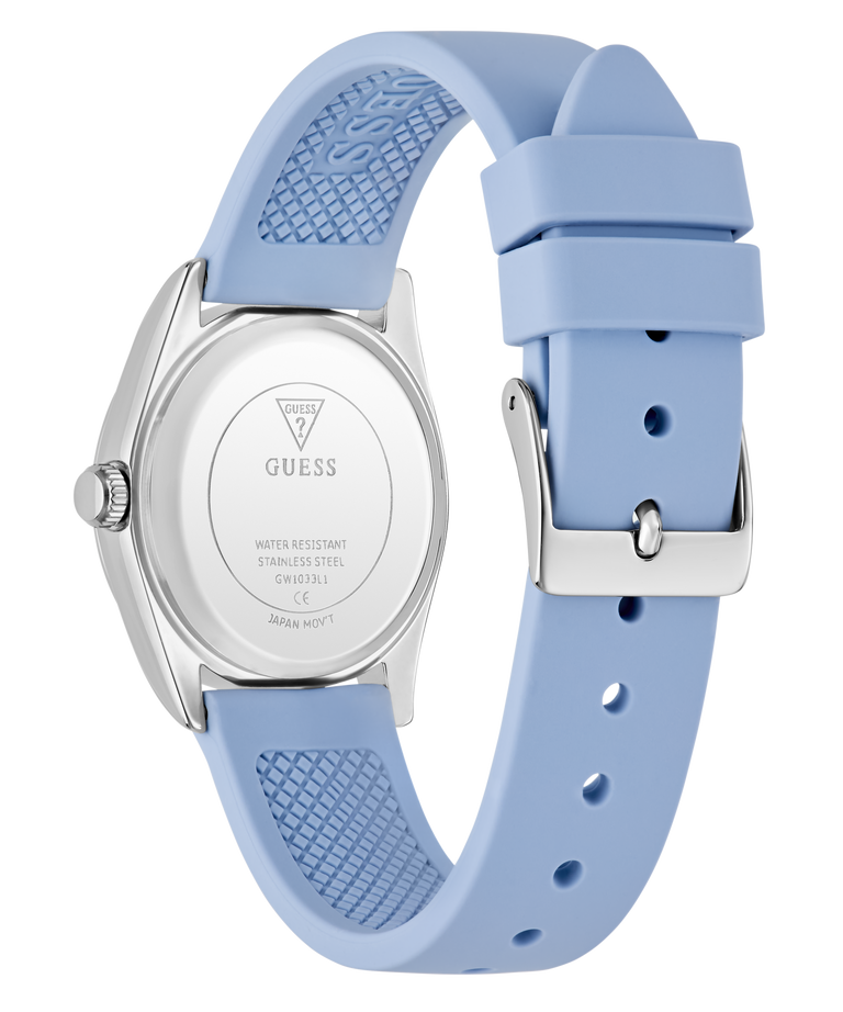 Blue GUESS Ladies Blue Silver Tone Analog Watch with a silver case on a white background