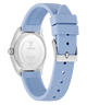 Blue GUESS Ladies Blue Silver Tone Analog Watch with a silver case on a white background
