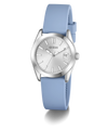 Guess watch with blue strap and silver case on a white background