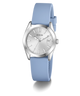Guess watch with blue strap and silver case on a white background