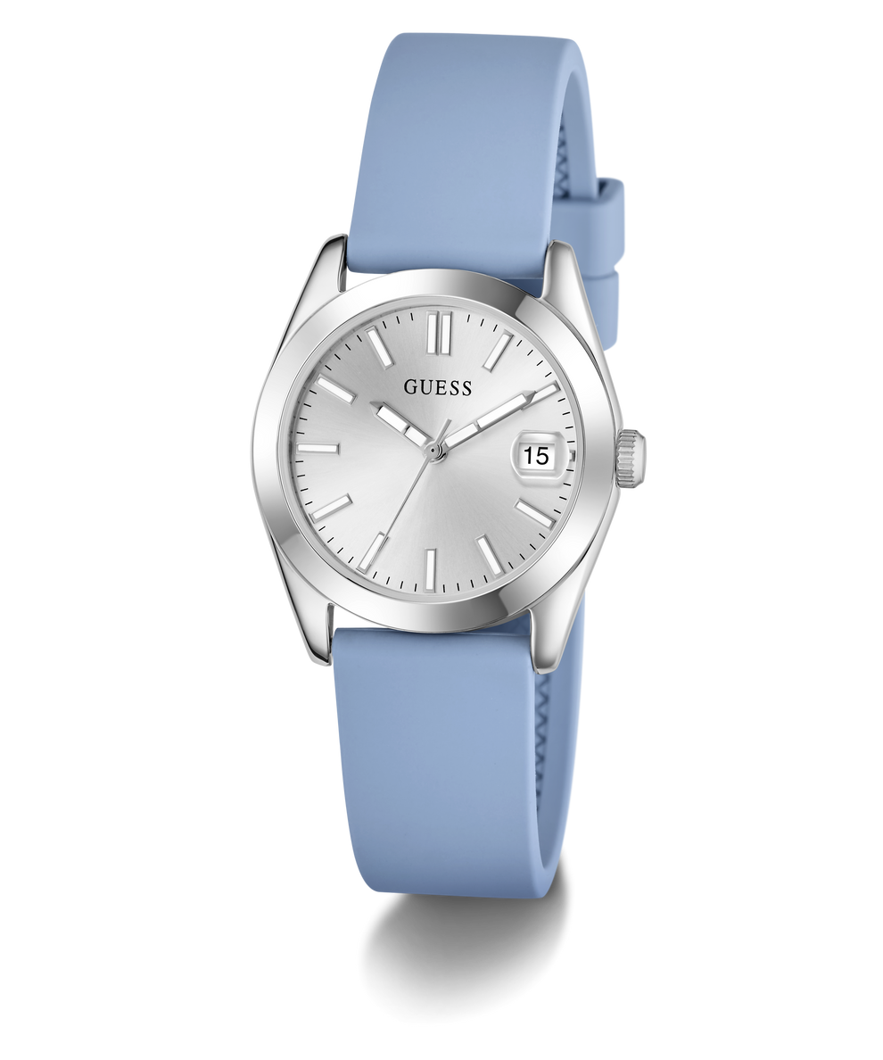 Guess watch with blue strap and silver case on a white background