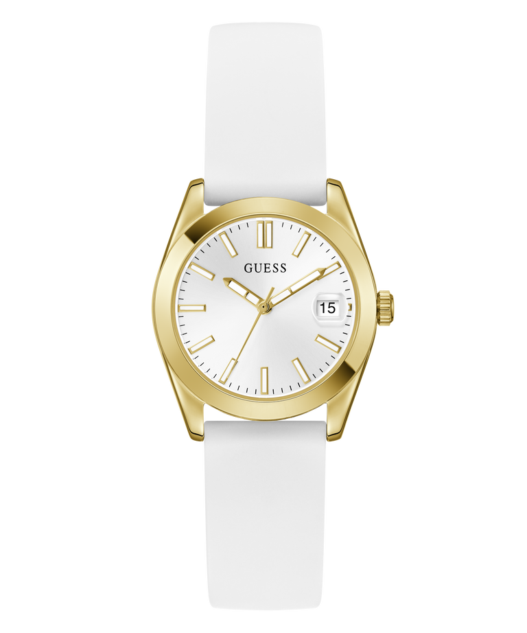 Gold GUESS Ladies White Gold Tone Analog Watch with a white strap on a transparent background
