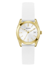 Gold GUESS Ladies White Gold Tone Analog Watch with a white strap on a transparent background