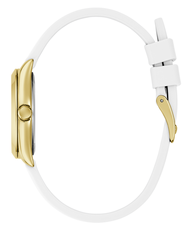 Gold watch case with white strap on a white background