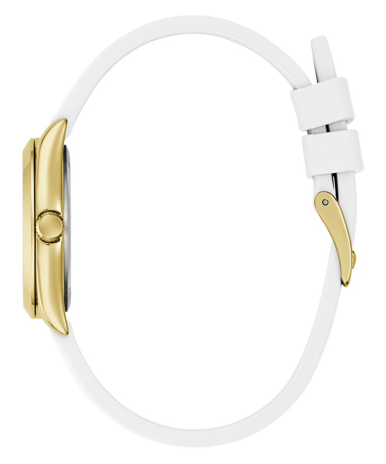 Gold watch case with white strap on a white background