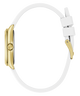 Gold watch case with white strap on a white background