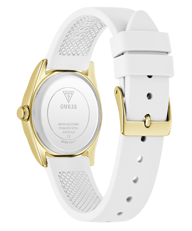 White GUESS Ladies White Gold Tone Analog Watch with gold accents and a visible brand logo on a white background