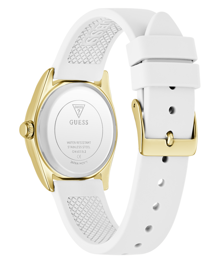 White GUESS Ladies White Gold Tone Analog Watch with gold accents and a visible brand logo on a white background