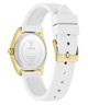 White GUESS Ladies White Gold Tone Analog Watch with gold accents and a visible brand logo on a white background
