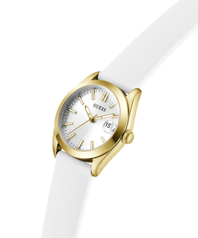 Gold watch with a white strap on a white background lifestyle