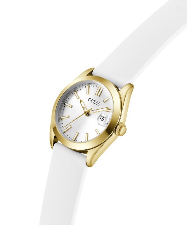 Gold watch with a white strap on a white background lifestyle