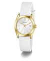 White GUESS Ladies White Gold Tone Analog Watch with gold case and white strap on a white background