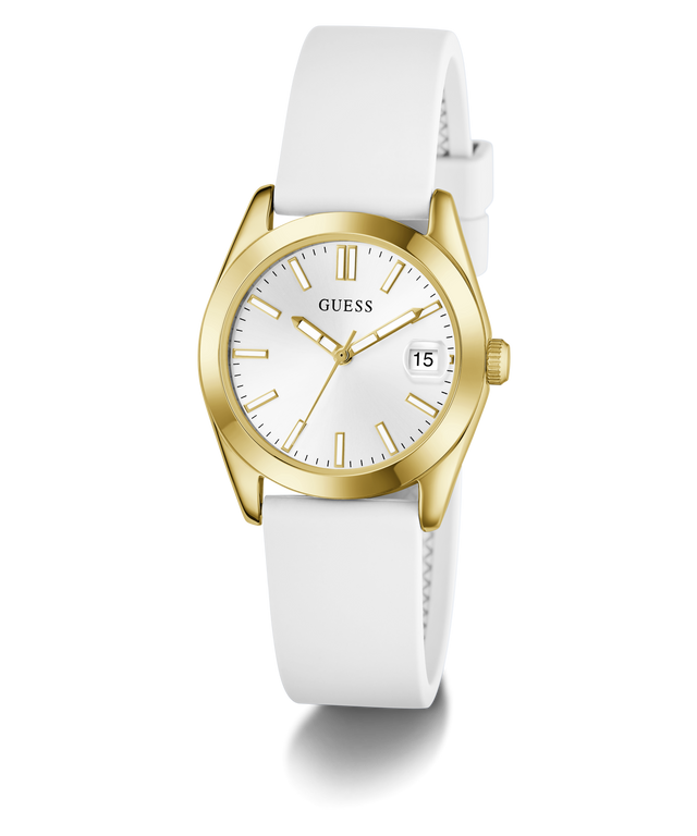White GUESS Ladies White Gold Tone Analog Watch with gold case and white strap on a white background