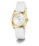 White GUESS Ladies White Gold Tone Analog Watch with gold case and white strap on a white background