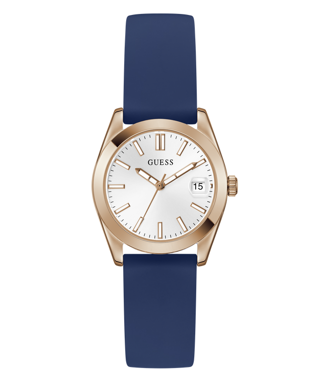 Guess GUESS Ladies Blue Rose Gold Tone Analog Watch with blue strap and rose gold case on a white background