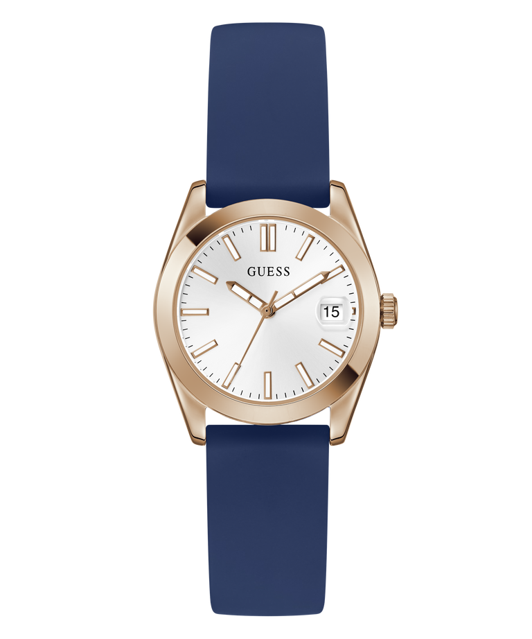 Guess GUESS Ladies Blue Rose Gold Tone Analog Watch with blue strap and rose gold case on a white background