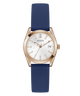 Guess GUESS Ladies Blue Rose Gold Tone Analog Watch with blue strap and rose gold case on a white background