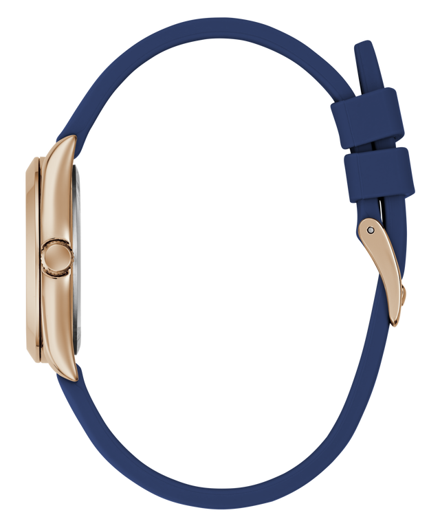 GUESS Ladies Blue Rose Gold Tone Analog Watch with a blue strap and rose gold case on a transparent background
