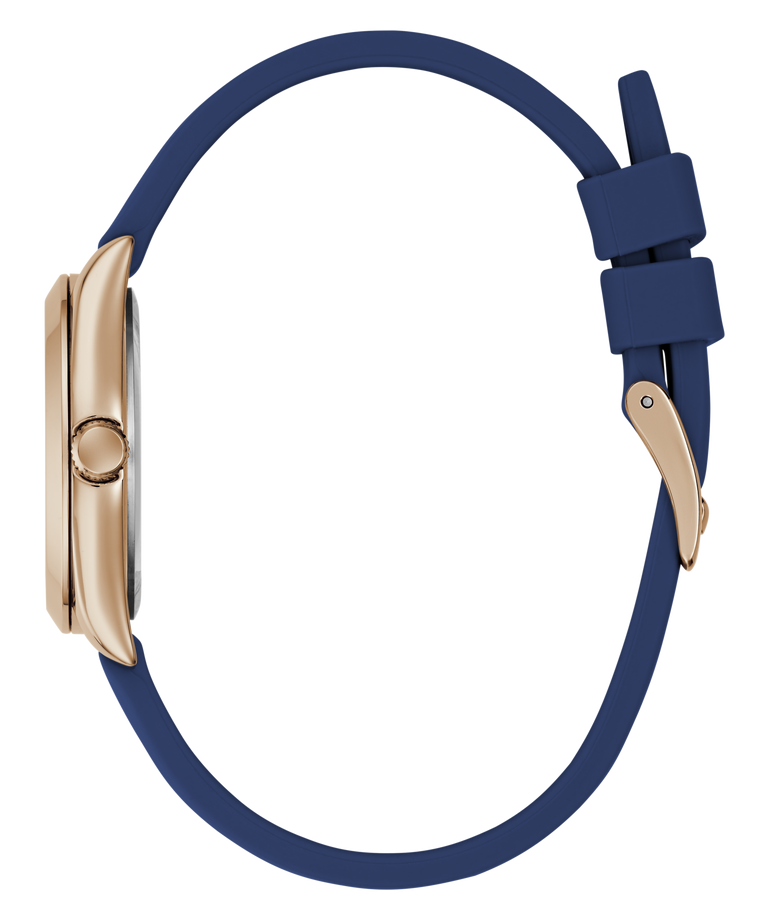 GUESS Ladies Blue Rose Gold Tone Analog Watch with a blue strap and rose gold case on a transparent background