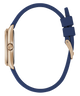 GUESS Ladies Blue Rose Gold Tone Analog Watch with a blue strap and rose gold case on a transparent background