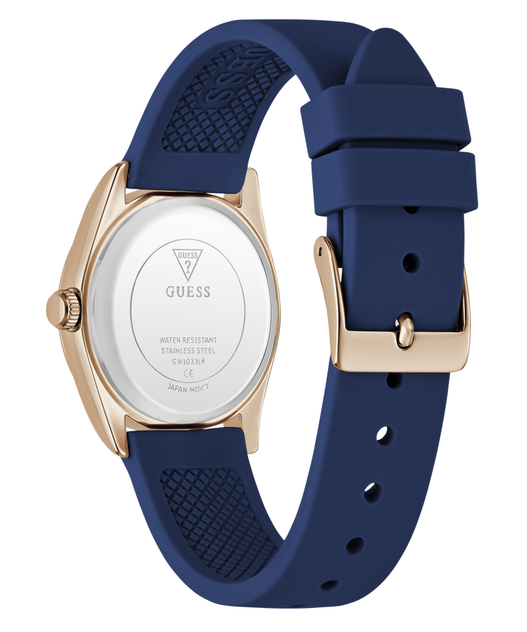 GUESS Ladies Blue Rose Gold Tone Analog Watch with blue strap and rose gold case on a white background